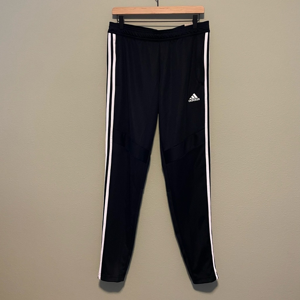 Adidas Women’s Black Tapered Fit Joggers with White Stripes - Size Medium
